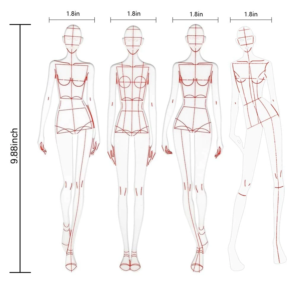 Reglas de ilustración de moda, plantillas de bocetos, regla de costura, patrones humanoides, diseño, medición de ropa, tipo B