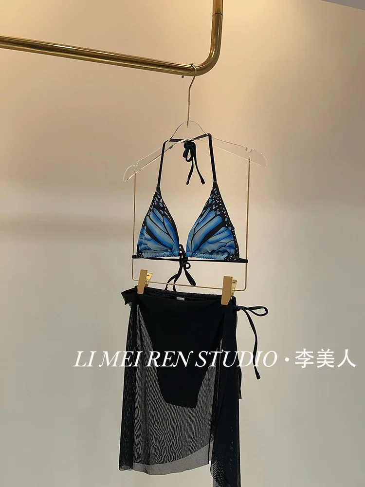 New Blue Butterfly Bikini Three Piece Set, European and American Sexy Three Point Swimsuit