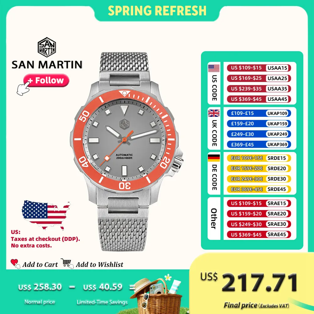 

San Martin Design 39.5mm Men Diver Watch NH35 Mechanical Man Watches Stainless Steel Milanese Bracelet Waterproof 20Bar SN0085