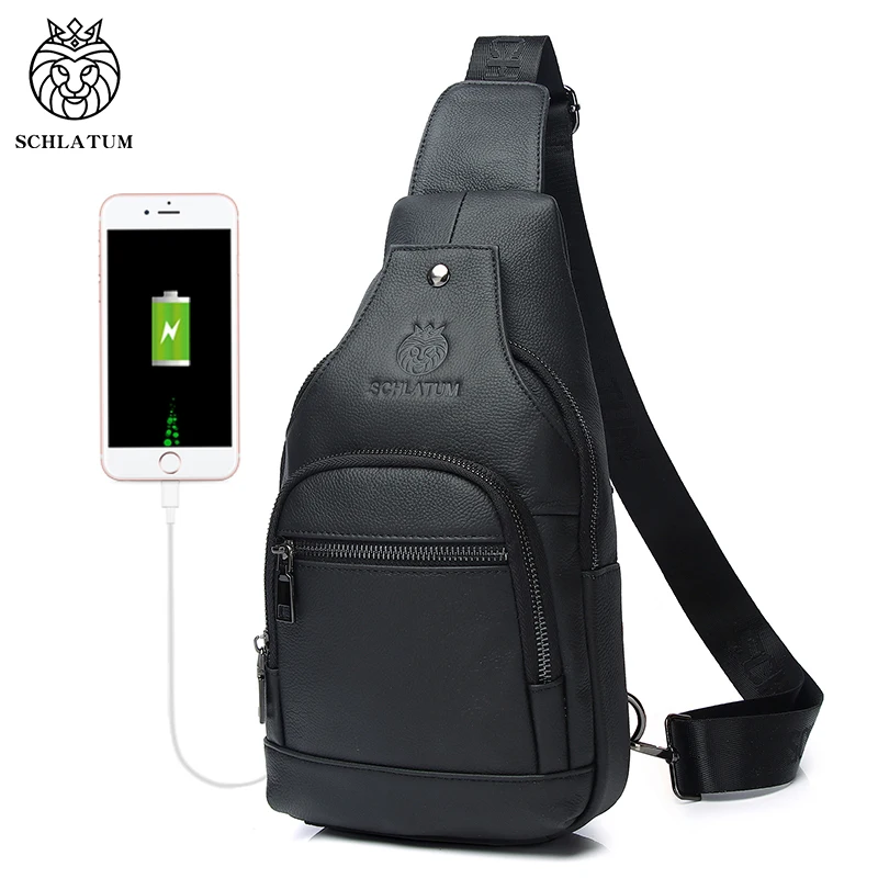 SCHLATUM Men Leather Chest Bag USB Charging Waterproof Multifunction Crossbody Bag Luxury Shoulder Bag