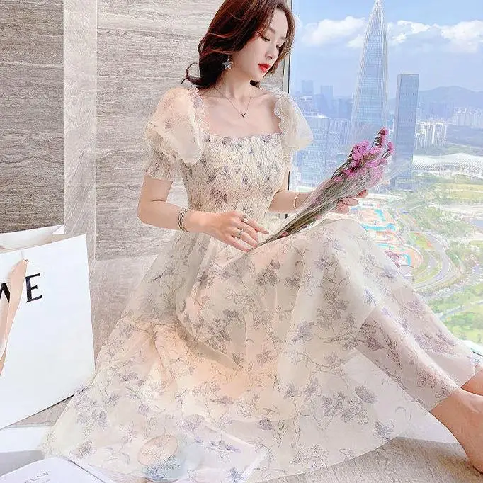 Summer New Vintage Ink Painting Bubble Sleeve Waist Cinching Slimming Lady Short Sleeve Floral Print Dress Women's Fashion