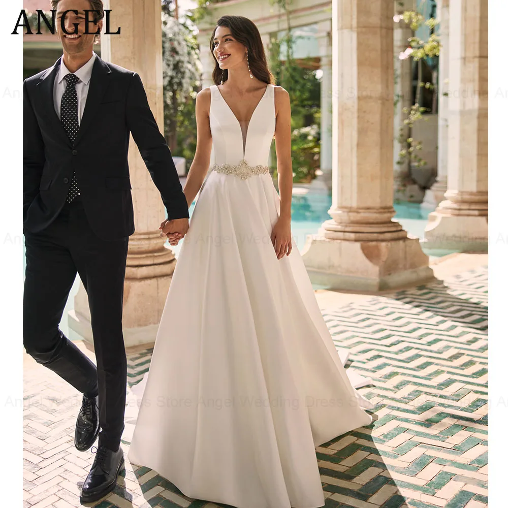 ANGEL Backless Satin Wedding Dresses for Women Sleeveless A-Line V-Neck Bridal Gowns 2024 Beading Zipper Vestido de Novias Boda