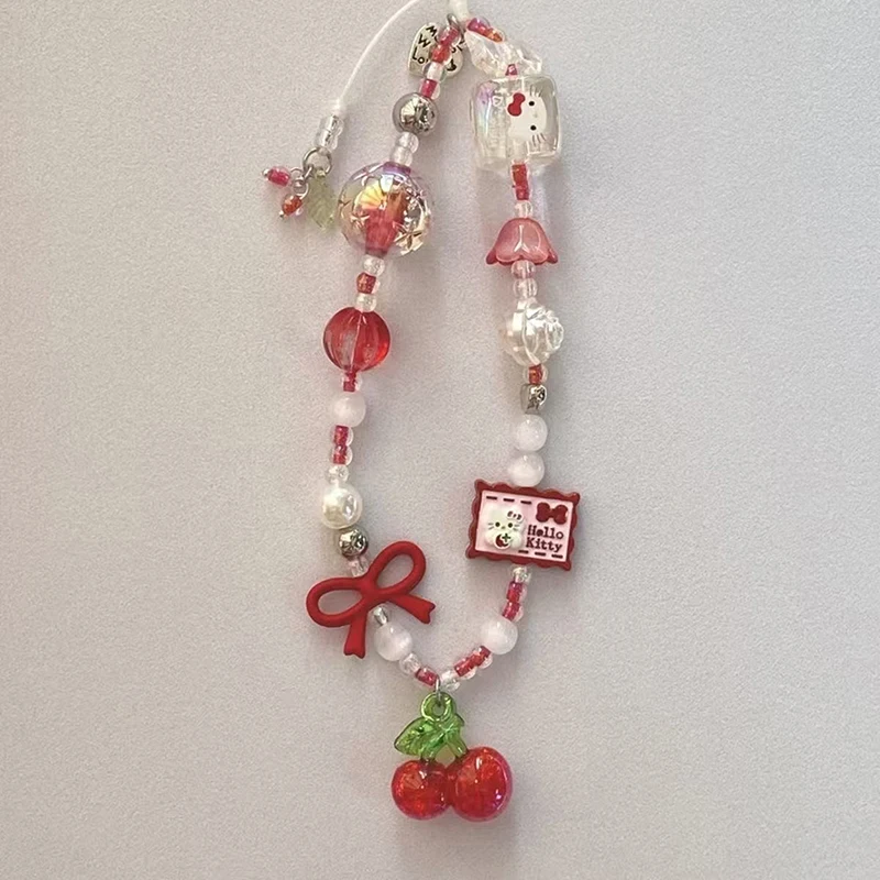 مرحبا كيتي الخرز سلسلة هاتف سانريو KT القط قلادة حلية حقيبة سماعة الاذن حبل معلق مكافحة خسر الحبل شريط للرسغ حقيبة ديكور