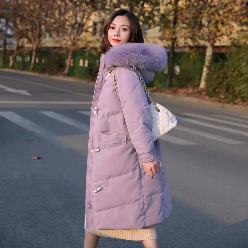 

White Duck Down Jacket Women Winter Coat Elegant Long Loose Artificial Big Fur Hooded Horn Buckle Internet Celebrity Solid Parka