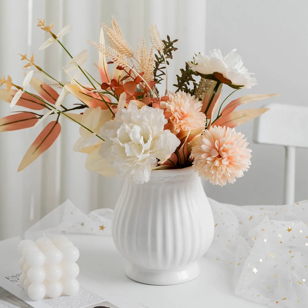 Artistic Vase Ceramic White Stripe Living Room Flower Arrangement Advanced Feeling Small Dried Flowers Home Decoration