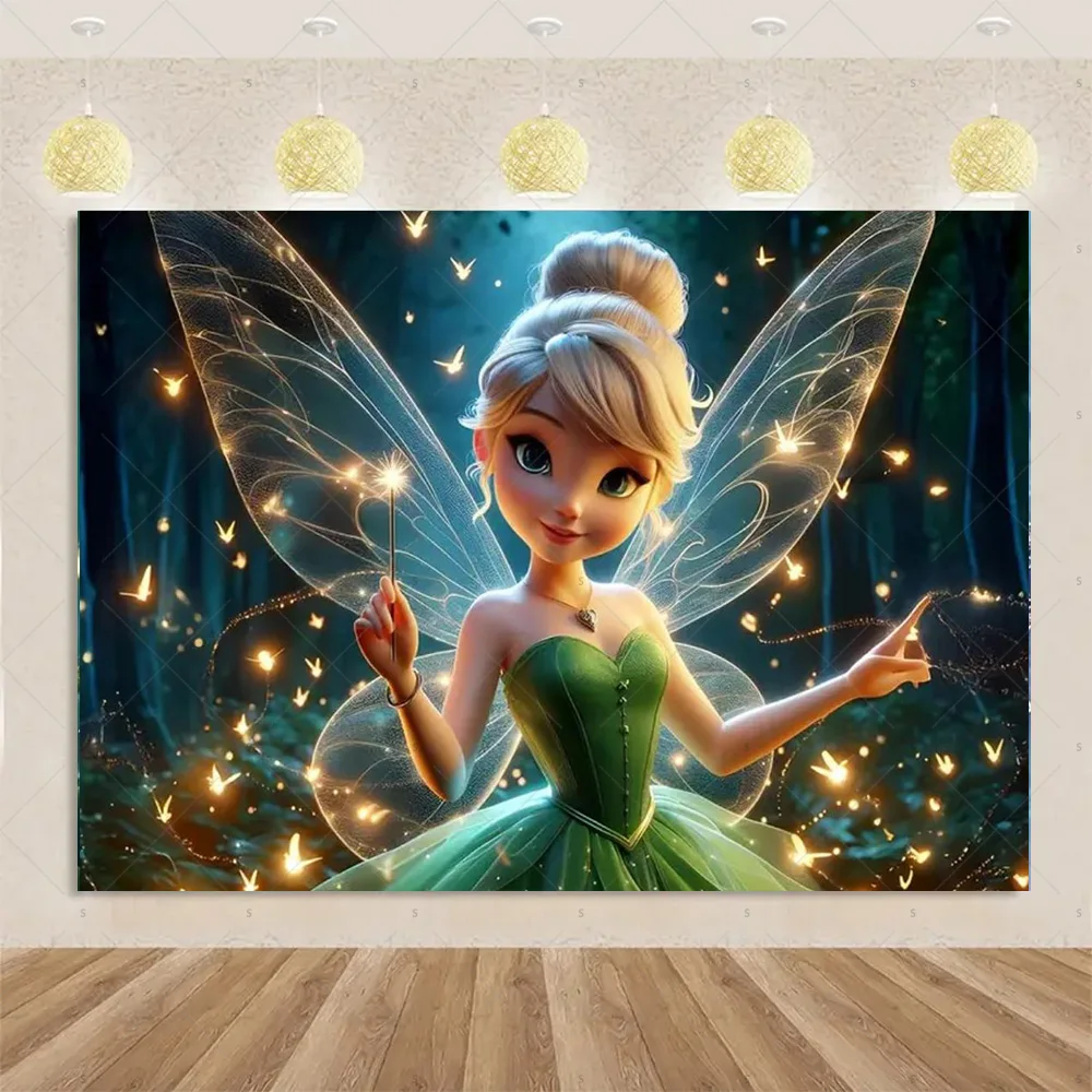 تينكر بيل موضوع فتاة حفلة عيد ميلاد زينة ديزني الجنية خلفية راية استحمام الطفل لوازم خلفية التصوير الخضراء