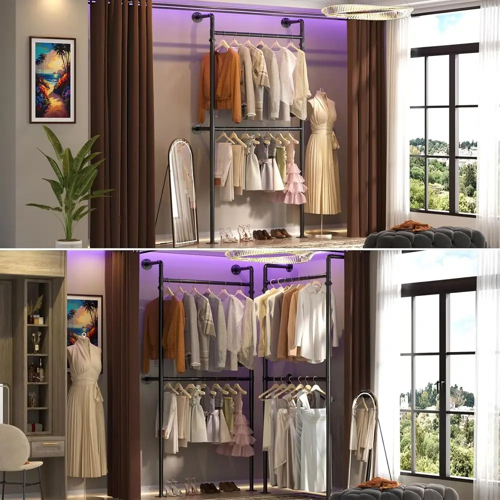 3.5FT Reversible Industrial Style Hanging Clothes Rack, Heavy Duty Wall Mounted Wardrobe, Compact Walk-in Closet System, Black