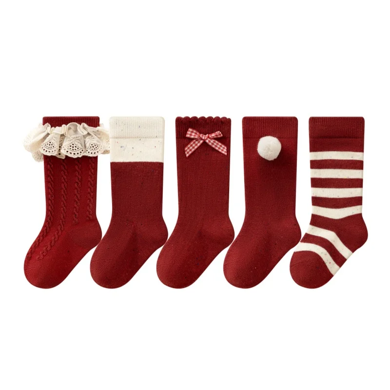 

Red Children's Socks For Girls Cotton Striped Soft Baby Toddler Girl Elegant Christmas Long Socks Autumn Winter New Year Sock