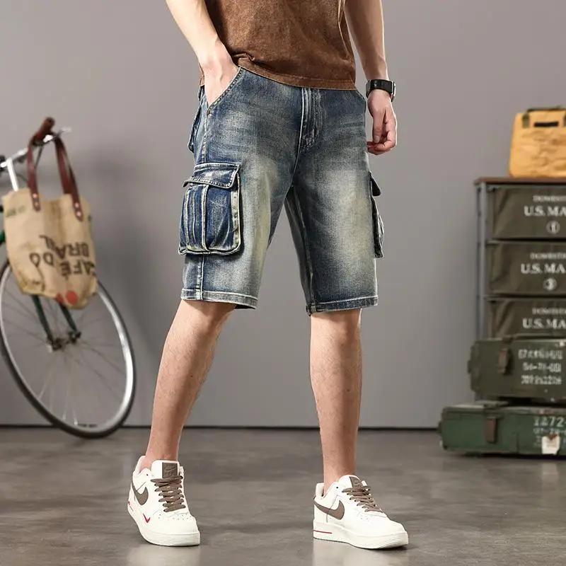 

Wear-resistant Multi-pocket Cargo Denim Shorts Men's Five-point Loose Straight Brand Large Size Medium Half Pants 2025 Summer