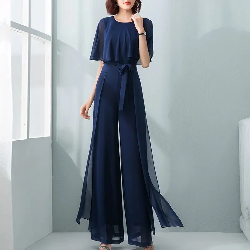 Lotusblatt-Ärmel-Overall für Damen, Sommer, lang, 2023, neuer Chiffon-Overall, breites Bein, Set, Temperament-Overall, weiblicher Body, Blau