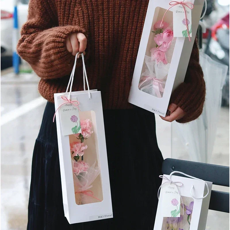 5pcs Single Side Transparent Showcase Style Single Flower Handbag Single Flower Gift Handbag Festival Gift Flower Packaging Box