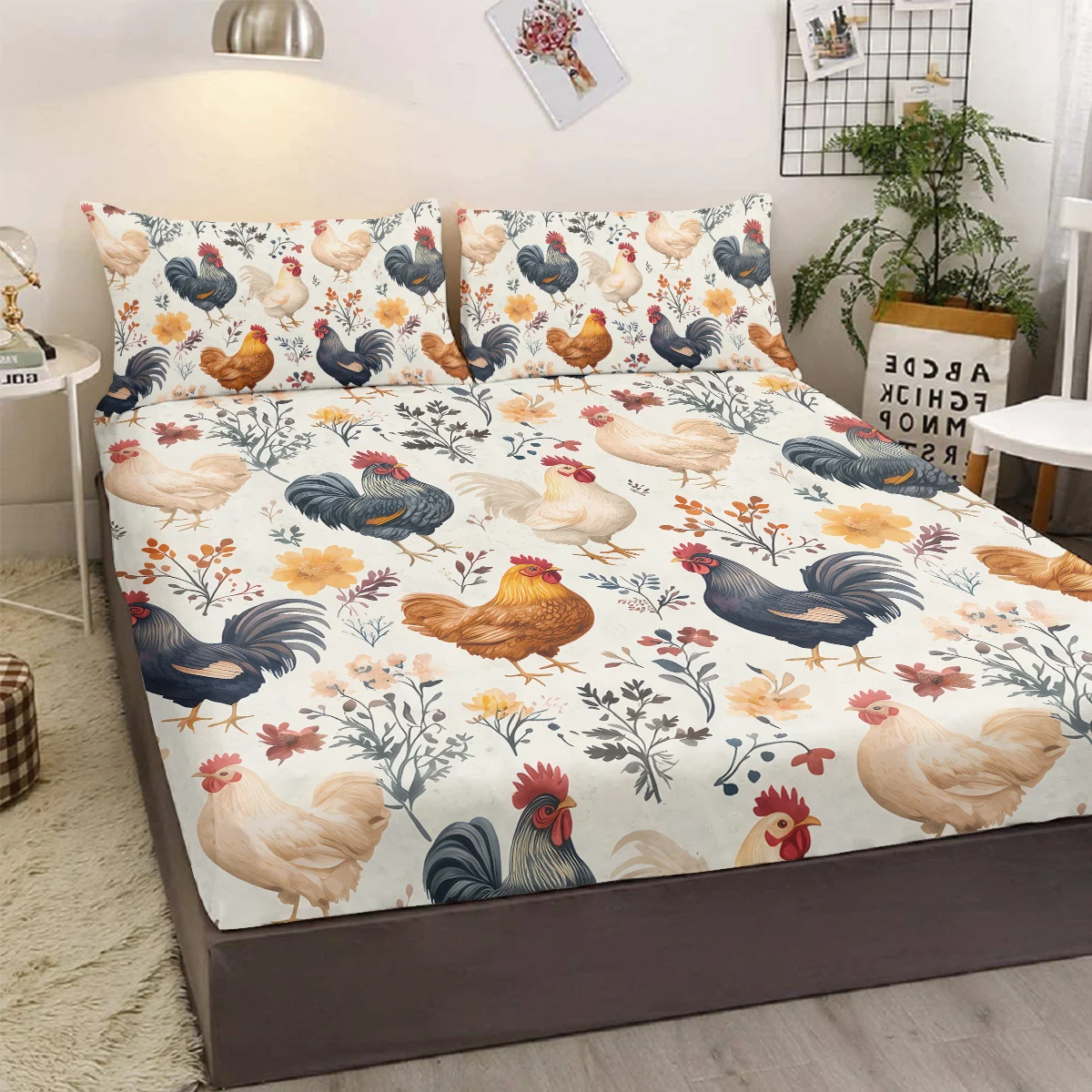 

Bed linen set of three pieces with floral and chicken pattern, including two pillowcases, suitable for bedroom (plants,poultry)