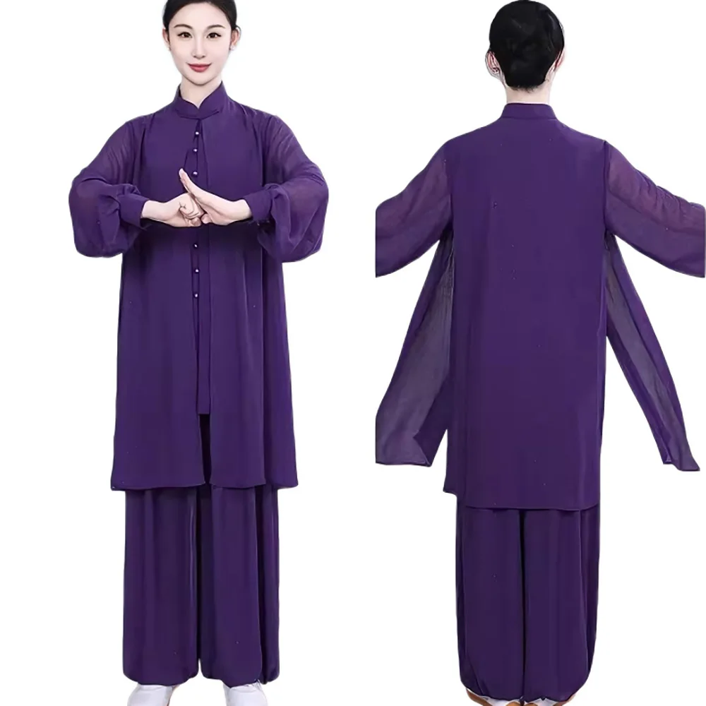 CLYFAN Sparkling  Women Tai Chi Outfit Set Stand Collar Chinese Wushu Uniform Training Performance Loose 2 Pieces Suit