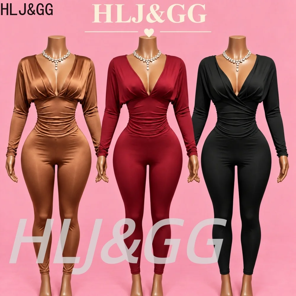 HLJ&GG Elegant Lady Deep V Ruched Two Piece Sets Women Long Sleeve Slim Crop Top + Skinny Pants Outfits Autumn Solid 2pcs Street
