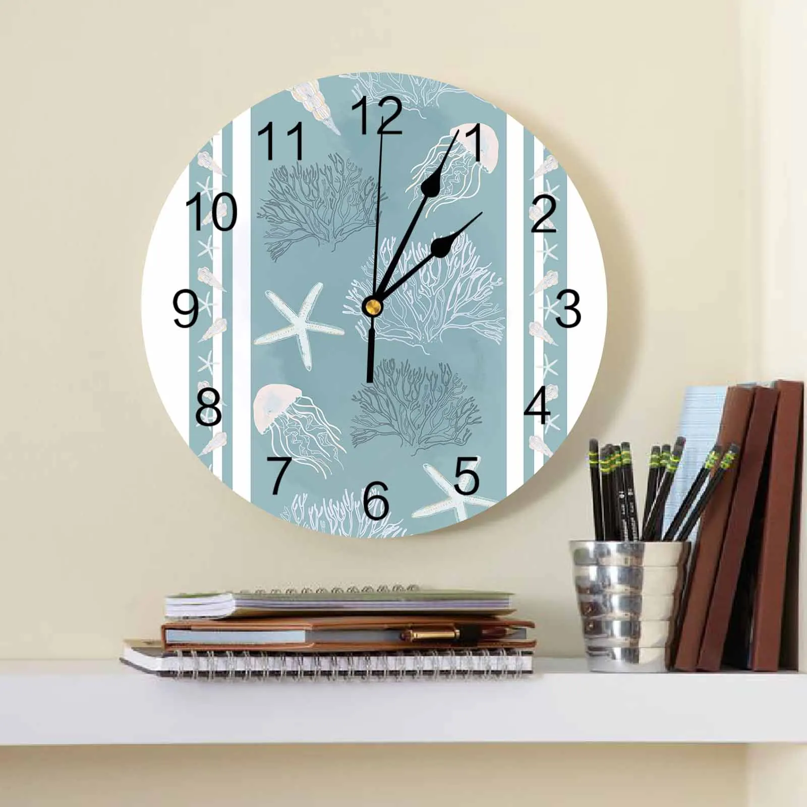 Marine Organisms Shells Starfish Coral Jellyfish Wall Clock Modern Silent Clock Living Room Home Decor Wall Hanging Watch