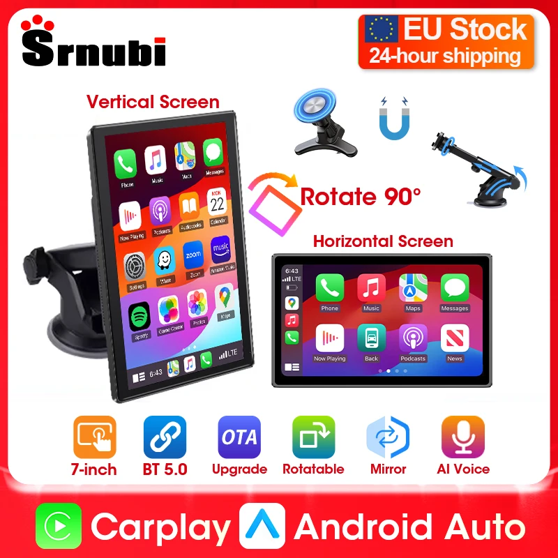 Srnubi 7" Carplay for Car Radio Wireless Carplay Android Auto Dashboard Mirror Video Magnetic Mount Landscape & Vertical Screen