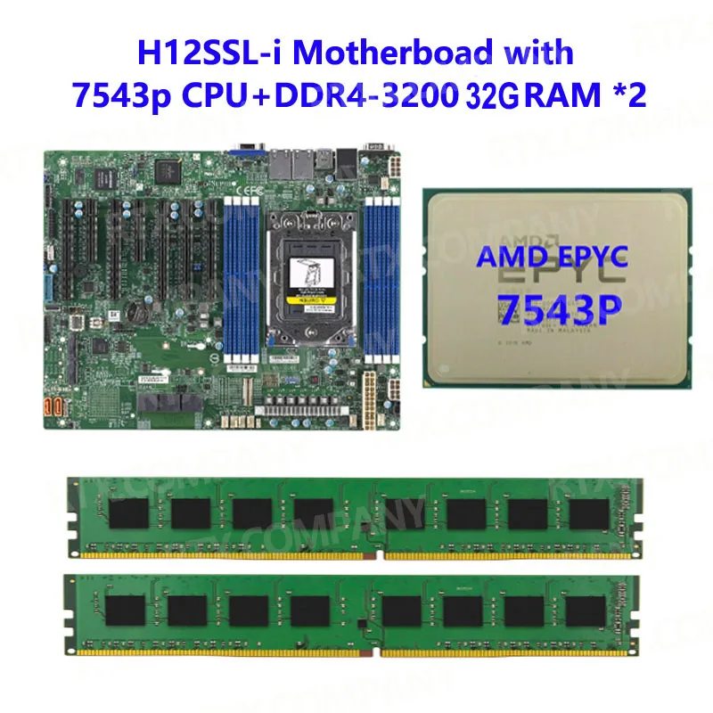 

FOR Supermicro H12SSL-i Motherboard +AMD EPYC 7543P 2.8GHz 32C/64T CPU Processor +2pcs*32G=64G RAM Memory DDR4 3200mhz REV2.0