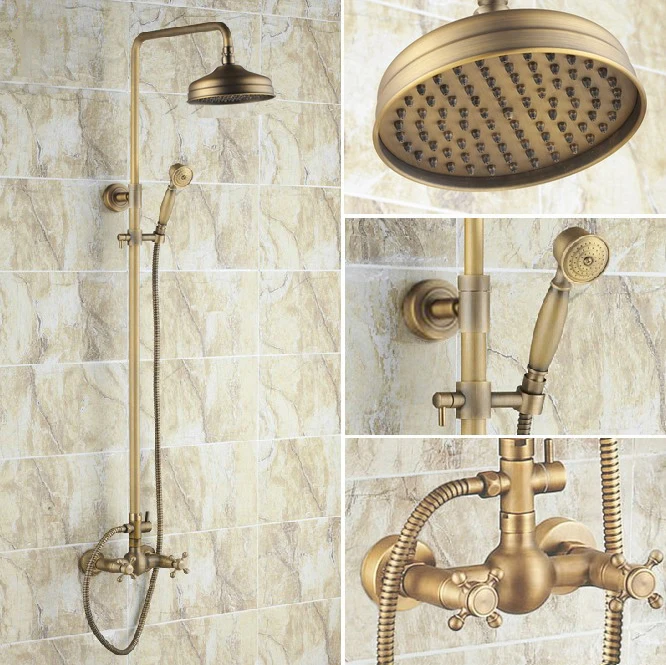 

Wall Mounted Bathroom Faucet Set Retro Brass Dual Cross Knob Handle Rainfall/Handheld Shower Hot And Cold Water Taps Kit Drs034