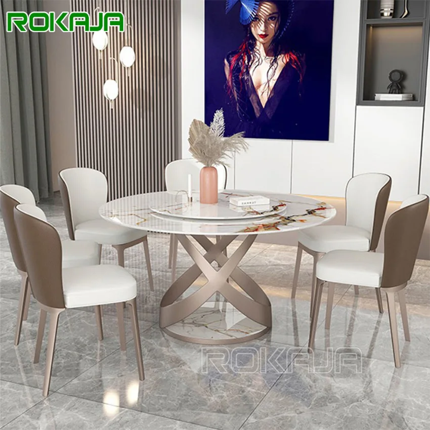 Retractable Foldable Turntable Dining Table Set Modern Marble Top Round Dining Room Furniture Chairs Set