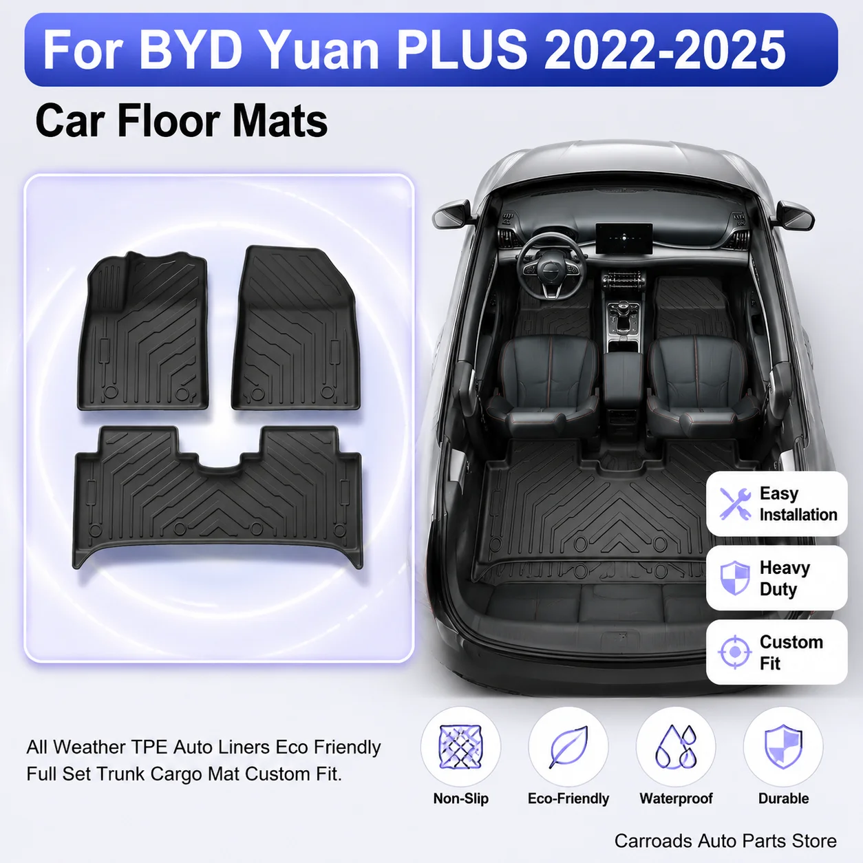  (LHD)For BYD Yuan PLUS 2022-2025 Car Floor Mats All Weather TPE Auto Liners Eco Friendly Full Set Trunk Cargo Mat Custom Fit