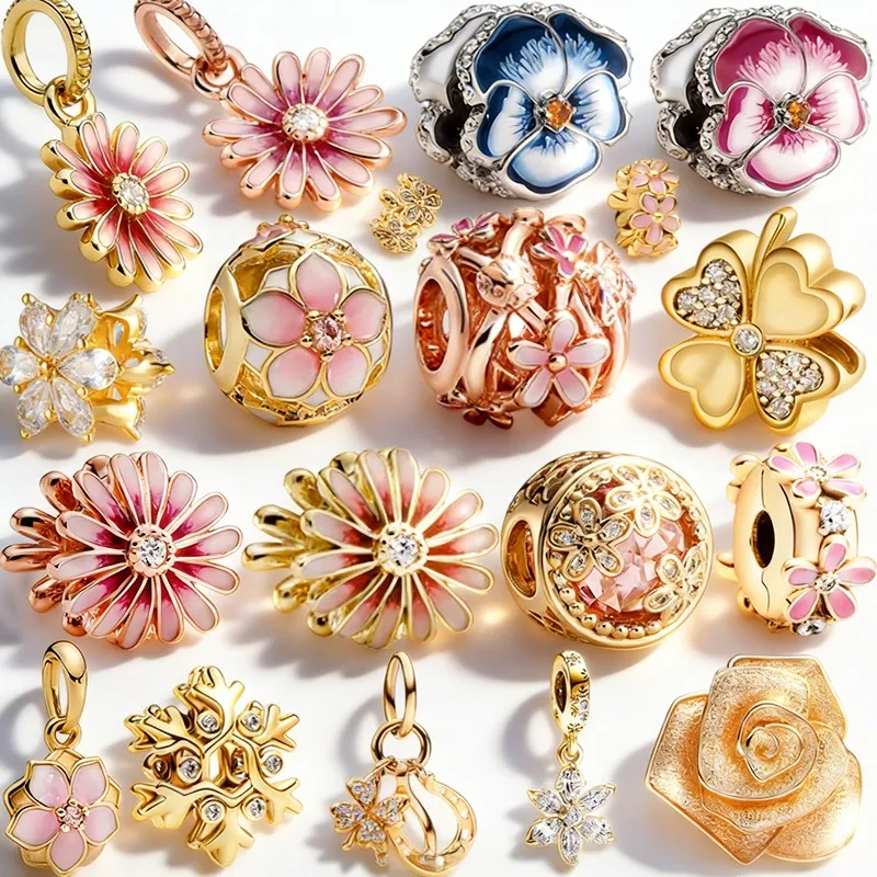 

Popular Gold Sparkling Flower Series Charm Bead Pendant Clips Fit Original European Snake Bone Bracelet Accessories Jewelry Gift