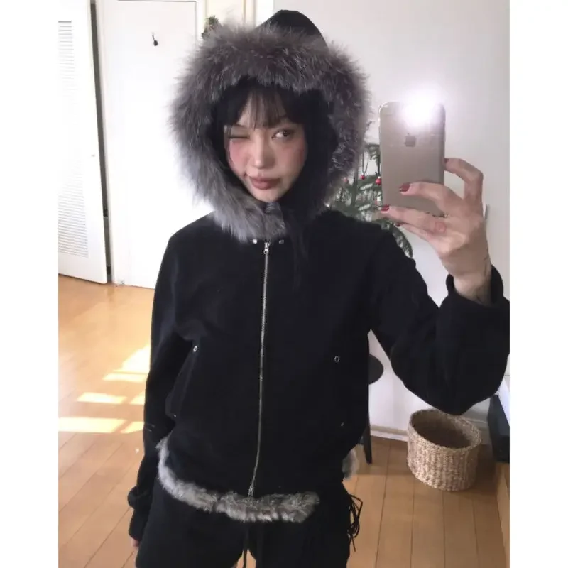 American High Street Hottie Trendy Zip Up Hoodie Faux Fur Collar Patchwork All Match Long Sleeves Crop Coat Winter Clothes Women