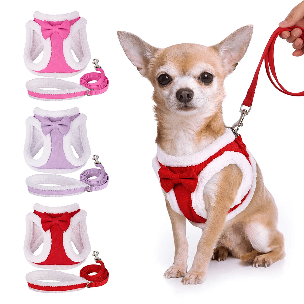 Winter Warm Dog Harness Leash Set Soft Fleece Pet Harness Vest With Cute Bowtie for Small Medium Dogs Chihuahua Walking Belt