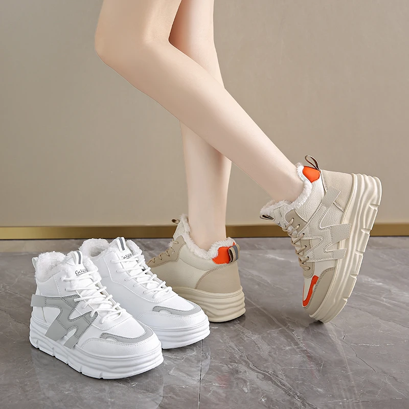 2025 الشتاء الدانتيل متابعة سميكة القاع أحذية فلكنيز امرأة بولي Leather الجلود الدفء أحذية رياضية السيدات منصة بيضاء أحذية رياضية نسائية #4