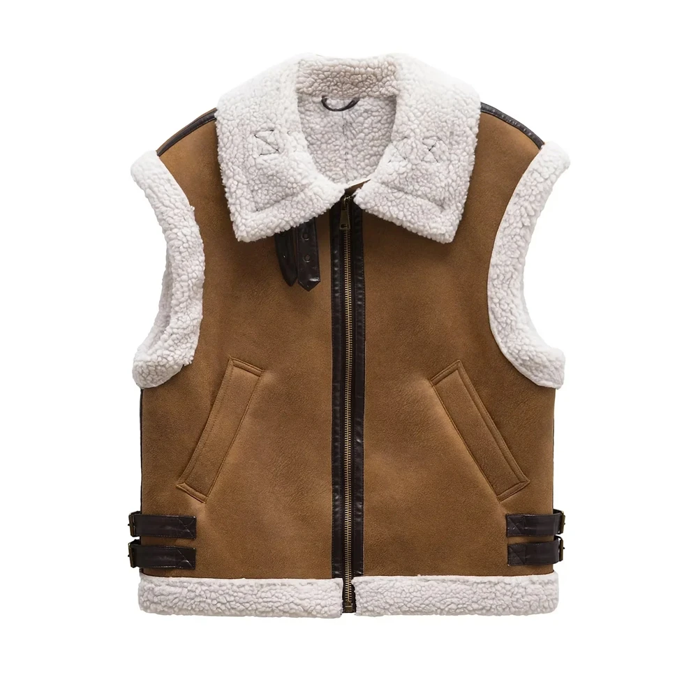 Taop&Za collar loose plush warm sleeveless zipper placket loose temperament versatile vest 2024 autumn/winter