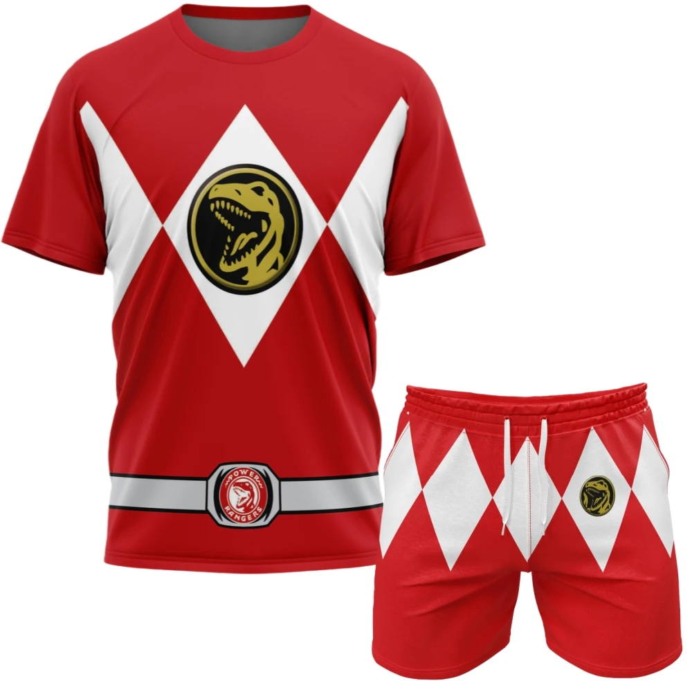 Conjunto Esportivo Unissex Bandai Power Rangers Verão 2026: Camiseta e Shorts Oversized Respiráveis de Secagem Rápida para Fitness e Corrida ﻿