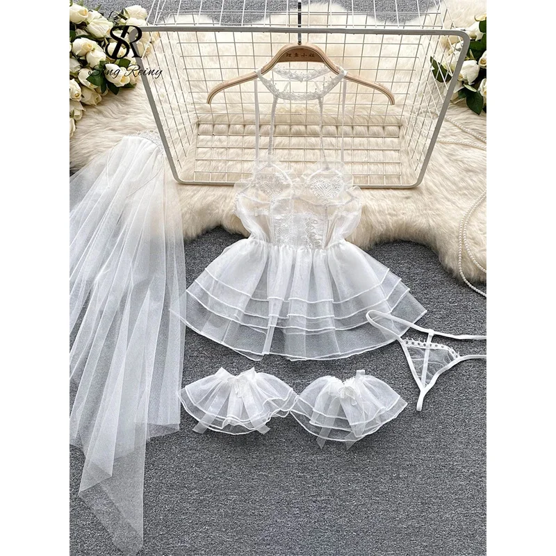 

SINGREINY Wedding Cosplay Erotic Lingerie Pajamas Dress Sets Women Halter Straps Gauze Nightgowns Fashion Sheer Sexy Night Dress