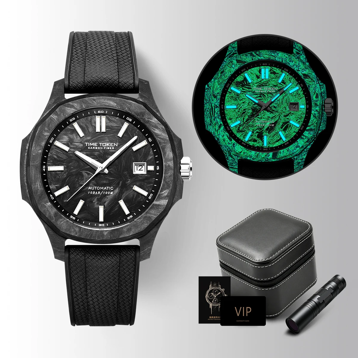 TIME TOKEN JP Miyota 8215 Movement Automatic Watches Carbon Fiber Men's Watch 10Bar Waterproof Watches for Man reloj T586