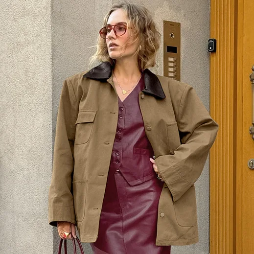 

Женская коричневая кожаная куртка осень-зима повседневная модная верхняя одежда с воротником с вышивкой оптом