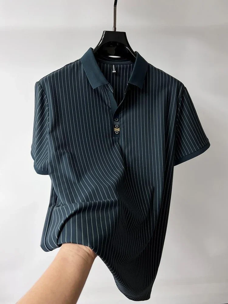 Camiseta con cuello para hombre, polo blanco a rayas azules y negras para hombre, Top ordinario nuevo en camisetas y camisetas de moda de lujo de alta calidad