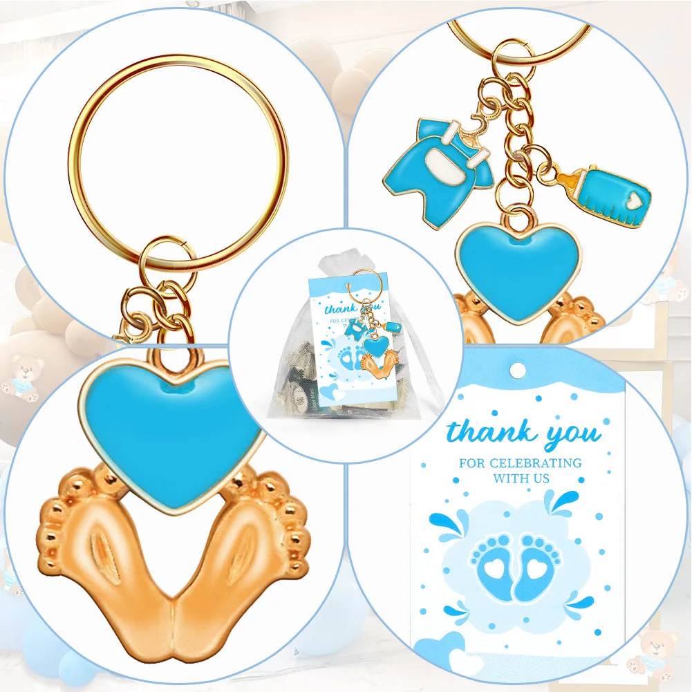 Baby Shower Favors For Boy And Gir With Footprint Keychains Gifts With Bottle Baby Clothes White Organza Bags For Party Supplies