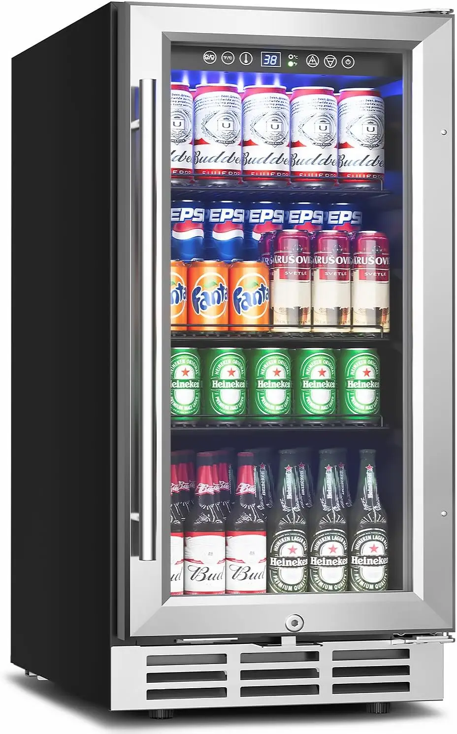 

15 H Beverage Refrigerator Under Counter - 126 Cans Beverage Fridge With Glass Door For Beer Wine Soda - Built-In Or
