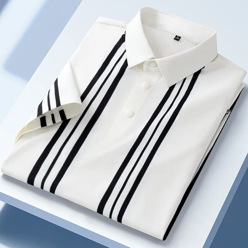 POLO shirt vertical stripes high elasticity wrinkle-free non-marking pullover knit shirt