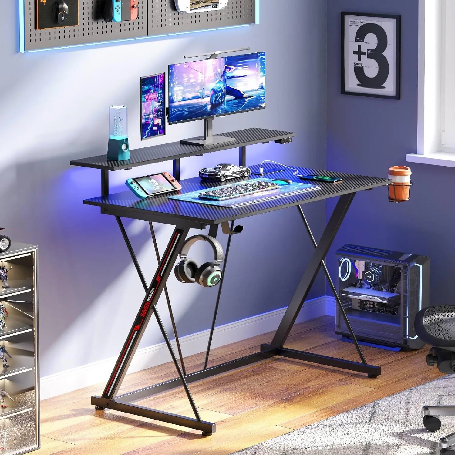 Gaming Desk with LED Lights & Power Outlets, 31.5