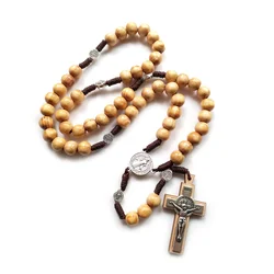 1pcs Brown Wood Beads Strand Neckalce Jesus Cross Weave Rosaries Catholic Religious Jewelry