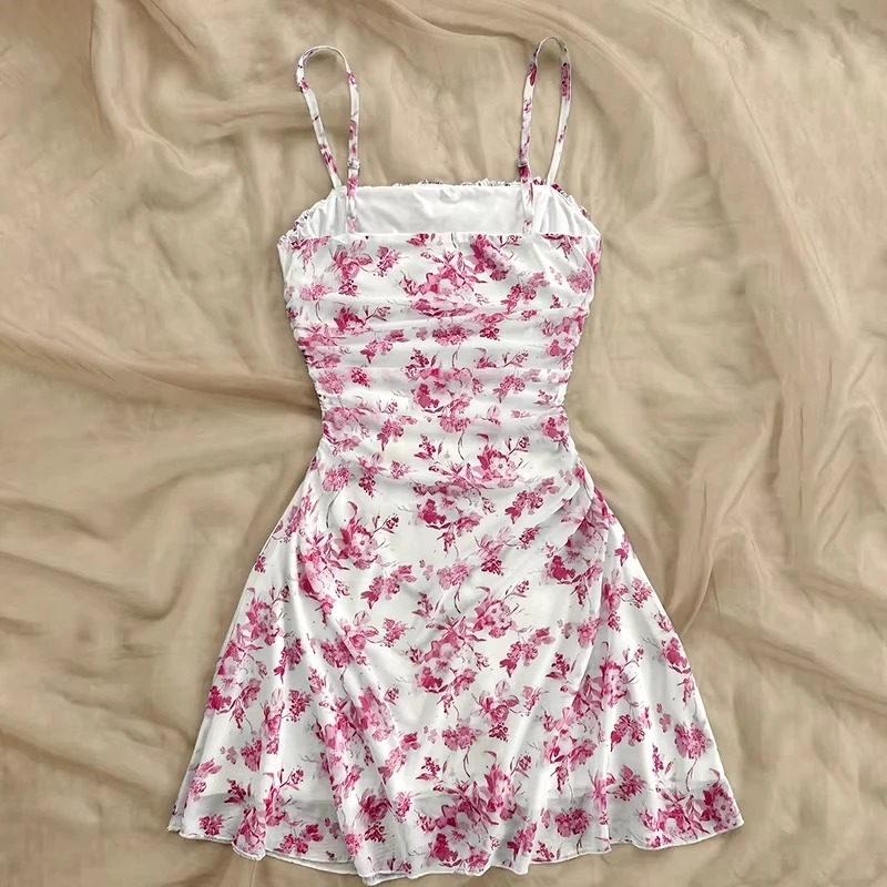 Sommer Frauen Floral Mini Kleid Mode Falten Hohe Taille Sexy Backless Slip Kleider Urlaub Stil Sling Strand Sommerkleid