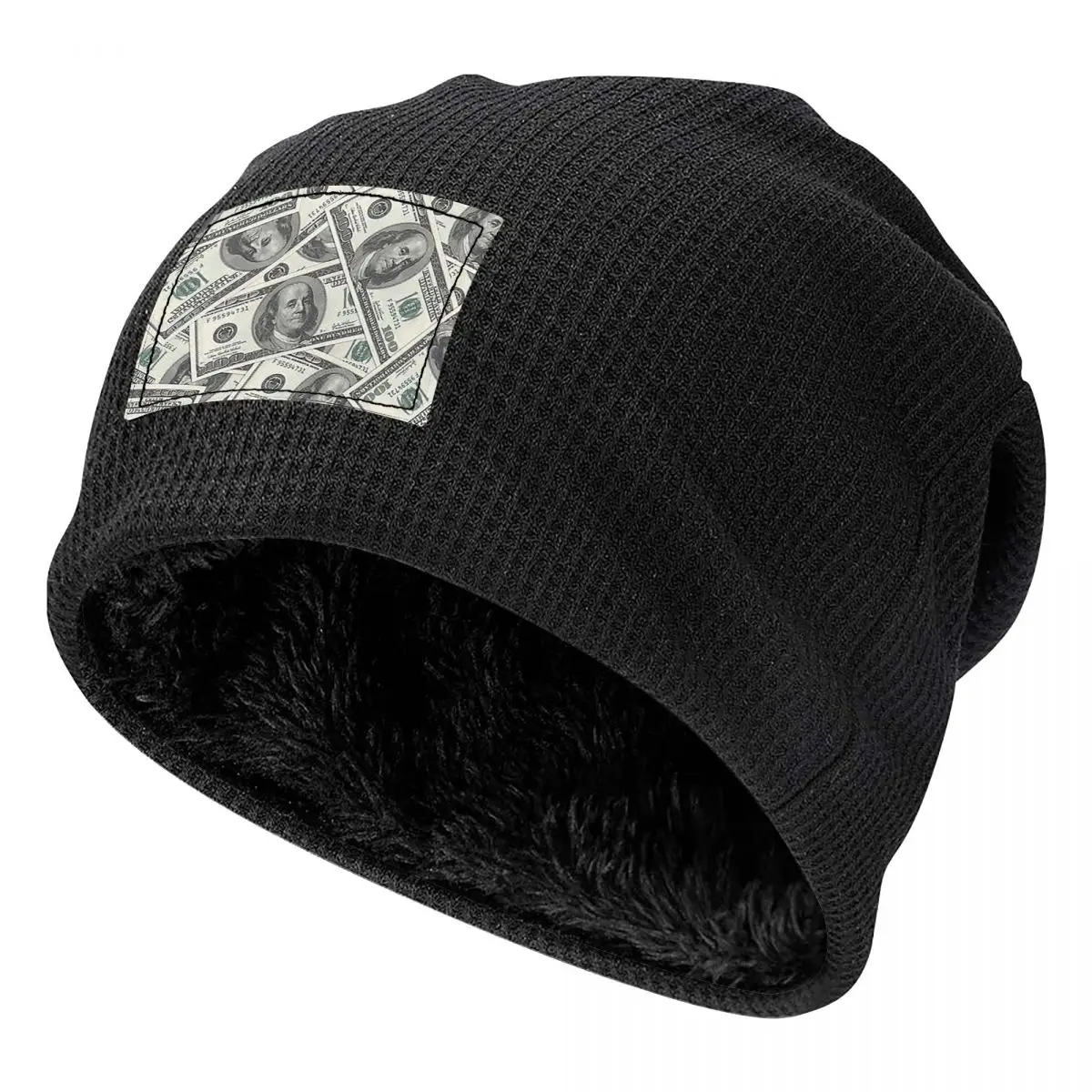 Rich Money Novelty Dollars Waffle Knit Fleece Lined Beanie with PU Leather Patch Unisex Warm Winter Soft Cap