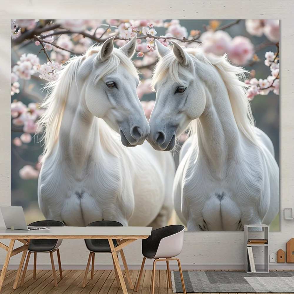 Romantic Horse Couple With Pink Flowers And Spring Background Art Print For Home Decoration