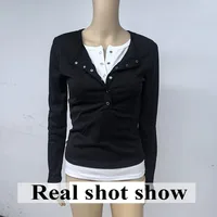 T-Shirt à manches longues pour femmes, Sexy, fille chaude, rétro, faux deux pièces, Y2K, hauts coréens, Patchwork contrasté, printemps 2026 6
