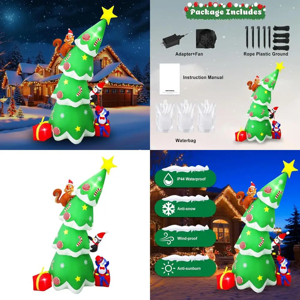 

Освещенная уличная рождественская елка с надувными пингвинами, белками и звездами для праздничного газона и садового декора