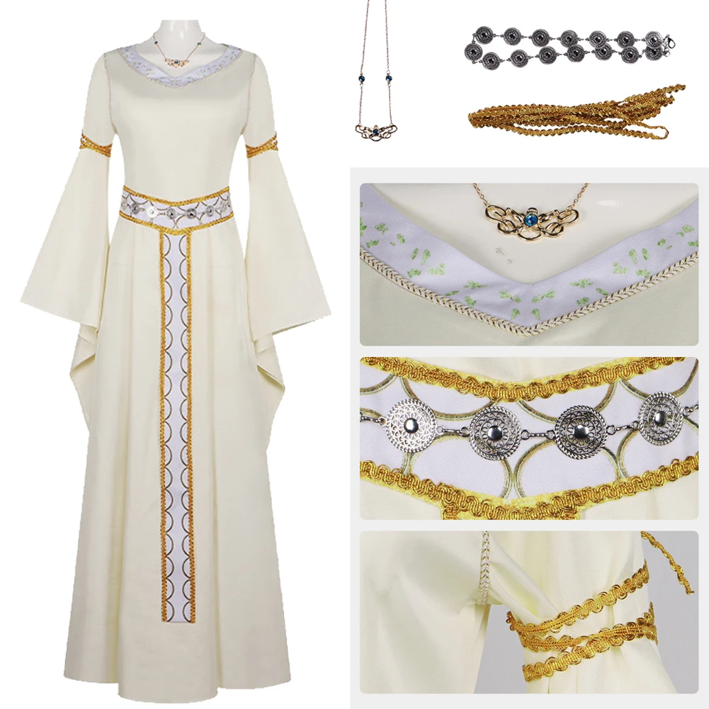 

Movie Lorded Rings Eowyn Cosplay Women Dress Beige Long Skirt Belt Necklace Outfits Halloween Roleplay Costume Carnival Party