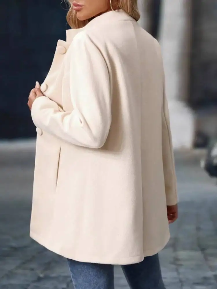 Cross-Border E-Commerce Autumn/Winter New Outerwear Independent Women's Casual Solid Color Stand Collar Long Wool Coat