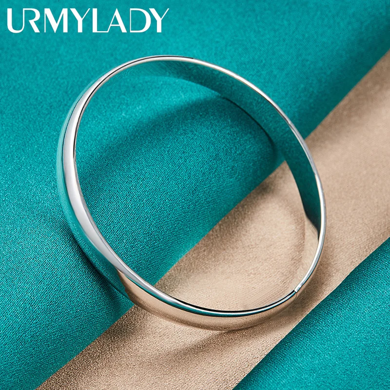 

URMYLADY 925 Sterling Silver 8MM Smooth Round Bangle Cuff Bracelet For Women Wedding Engagement Party Fashion Jewelry
