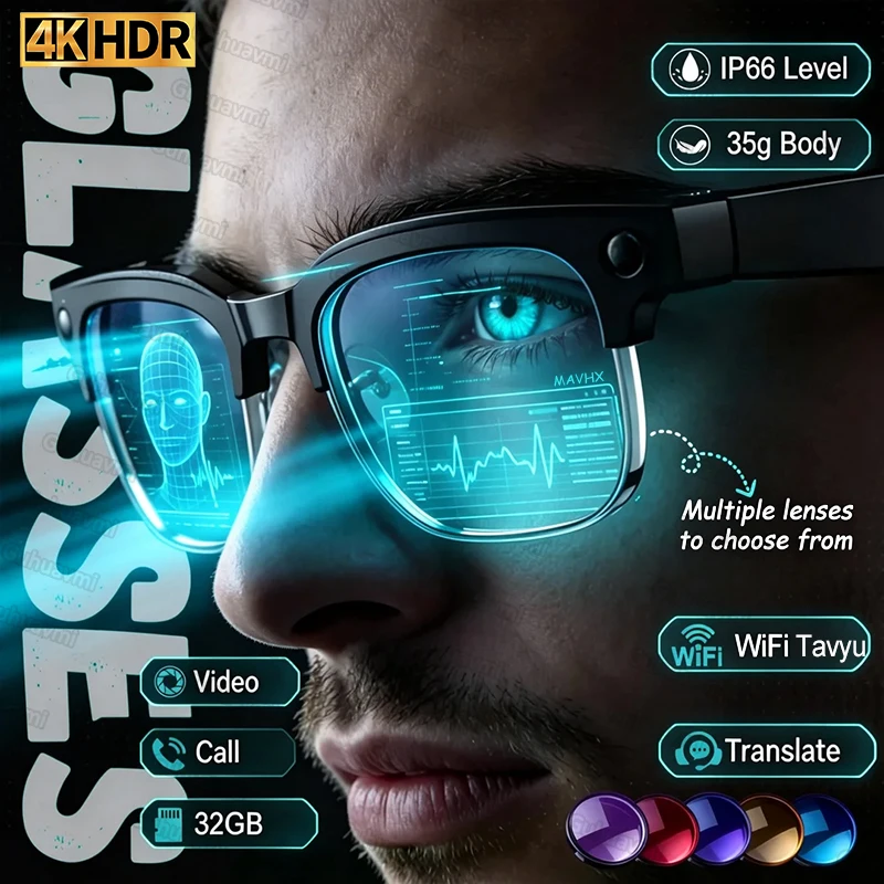 4K 800W HD 카메라 AI 스마트 안경 2026 ChatGPT 녹화 영상 언어 번역 음악 플레이어 선글라스 카메라 내장 안경