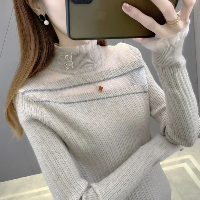 Moda coreana Autunno Inverno nuovi maglioni da donna Solido collo a lupetto Bottoni in pizzo Manica lunga Pullover Camicia che tocca il fondo Top in maglia