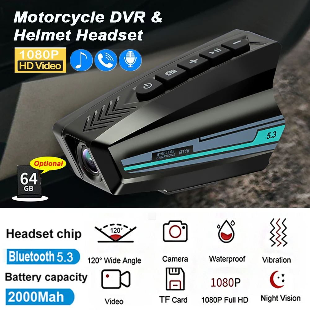 1080P Motorcycle DVR Video Recorder V5.3 Bluetooth Helmet Headset Motor Dash Camera 2000mah Handsfree Call Waterproof Wide Angle